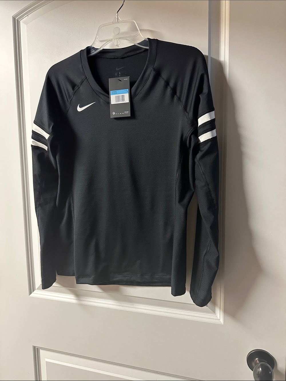 Nike Black Long Sleeve Performance Top with White Sleeve Stripes
